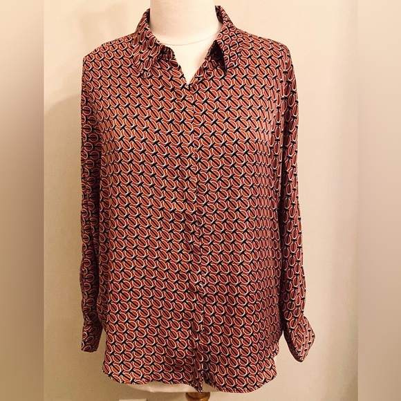 Express Tops - Express Rust Orange Black Geometric Print Collared Long Sleeve Button Down Top L